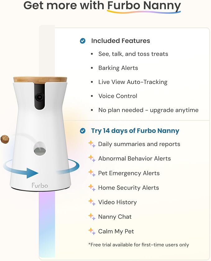 Furbo 360° Dog Camera [No Monthly Fee] | 360° Rotating Live View, Barking Alerts, Treat Toss, 2-Way Audio, Night Vision, Smart Home Puppy Monitoring, No AI Alerts