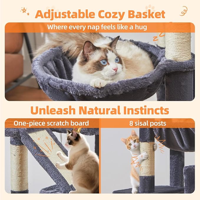 Taoqimiao Cat Tree, 71 in Extra Large Cat Tower for Inddor Cats, MS026LG | 2 Large Cat Condos, 2 Cute Perches, Metal Frame Cozy Hammock, Durable Scratch Board, 8 Natural Sisal Posts, Basket,Smoky Gray