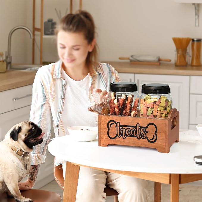 Dog Treat Container Dog Food Container for Dog Food Storage, Farmhouse Cat Food Container Pet Food Storage Organizer, Wood Dog Treat Holder with 2 Plastic Cat Dog Treat Jars, Brown Cat Treat Container