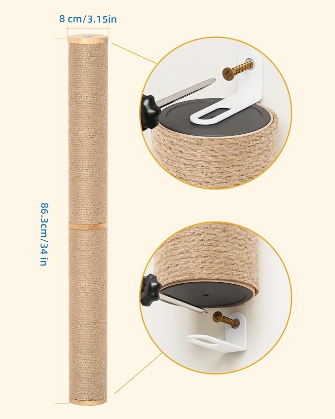 Aechonow 34" Cat Scratching Post, Wood Wall Mounted Cat Scratcher for Cats | Cat Wall Scratcher,Cat Wall Furniture for Indoor Cats,Cat Wall Wood Climber, Natural Sisal,Tall & Sturdy Corner Climbing Pole