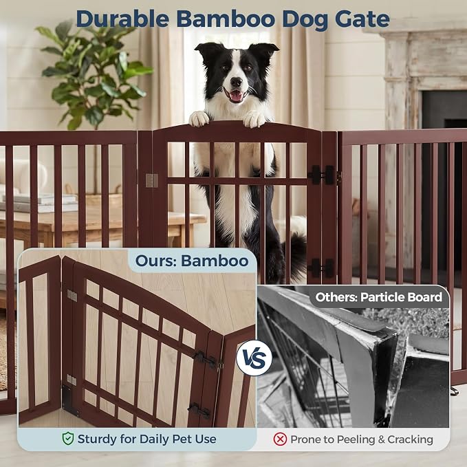 Homykic Dog Gate Indoor, 94.5" W x 30" H Extra Wide Foldable Bamboo Pet Gate with Door, No Assembly Freestanding Dog Fence with 2 Support Feet & 360°Hinges for Doorways Hallways (Espresso, 4 Panels)