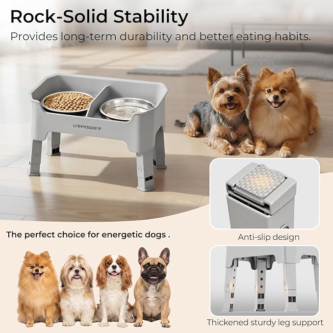 URPOWER Mess Proof Elevated Dog Bowls for Small Dogs with Splash Guard | 4 Height Adjustable Raised Stand with 2 Stainless Steel Food Bowls & Licking Plate for Small, Medium & Large Dogs