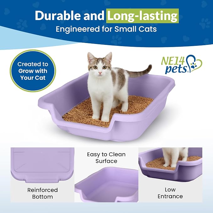KittyGohere Senior Cat Litter Box Small with Scoop, Storybook Lavender | Open Top Low Entrance Kitty Litter Box With With Long-handle Jumbo Scoop, Lightweight & Durable Litters Box, Made in USA