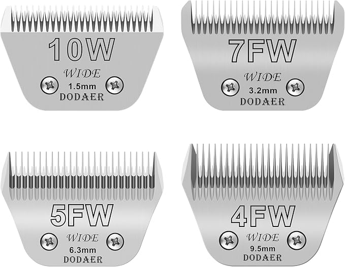 Dog Grooming Wide Blades Set,Compatible with Andis,Oster,Wahl KM10 Clippers | Cut Length 1/16"(1.5mm) to 3/8”(9.5mm) ,Include Size 10W/7FW/5FW/4FW ,4 Pack