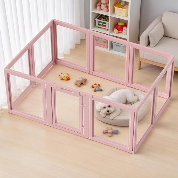 Acrylic Dog Playpen Indoor, Pink Dog Pen, Puppy Playpen, 10 Panels | 23.6" H, Skin Pink, Purple & Sky Blue, Clear View, No-Gap Escape-Proof, Tool-Free Setup, For Puppies & Small Dogs