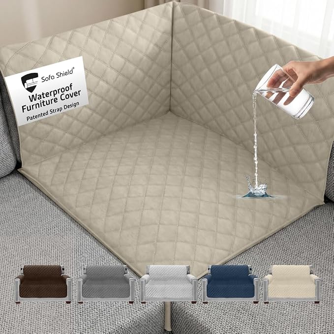 Sofa Shield 100% Waterproof Couch Cover with Patented Straps, Slip and Stain Resistant, Machine Washable Sofa Slipcover for Dogs Cats Pets Kids, 30x30 inch Seat, Sectional Corner, Taupe