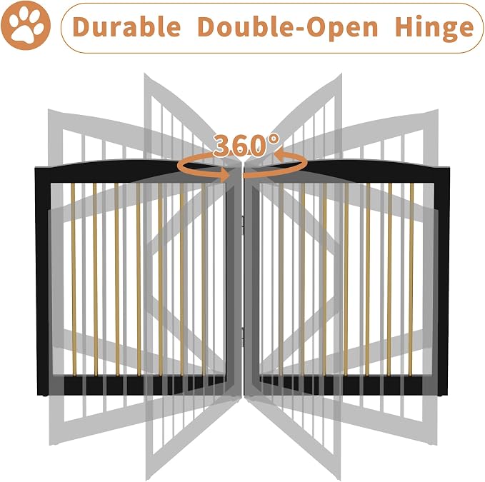 PUPETPO Freestanding Pet Gate for Dogs, Foldable Wooden Dog Gate for House, Extra Wide Indoor Pet Barrier for Stair, Doorway, Hall, Support Feet Included, 120 Inch Wide, 6 Panels 24",Black&Gold