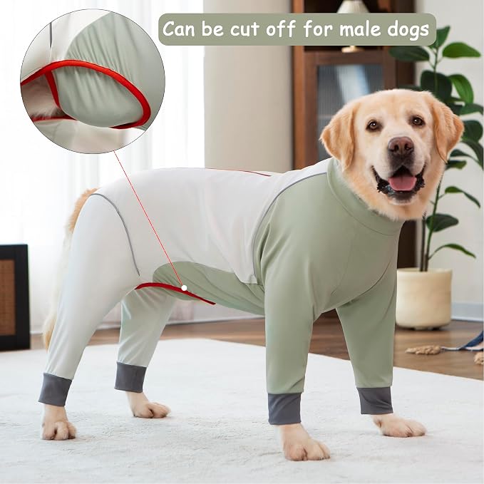 Dog Onesie Coat - Water-Repellent & Stretchable, Dirt-Resistant Outdoor Puppy Suit with Reflective Strips | Controls Shedding | for Small, Medium, Large Dogs (Beige, 3XL(Weight 33-53 lbs))
