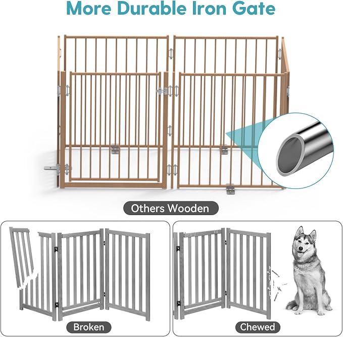 No Pawblems Full Metal Freestanding Dog Gate with Door, 30" Tall | Foldable Pet & Dog Fence for Stairs/Deck/Doorways, Indoor/Outdoor, Freestanding & Wall Mount, 156" Wide, 6 Panels, Brown