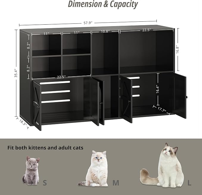 IRONCK Cat Litter Box Enclosure for 2 Cats, Hidden Litter Box Furniture | Double Litter Box Enclosure Cabinet with Double Room and Large Storage Space, Wooden Washroom Furniture, Cat House, Black