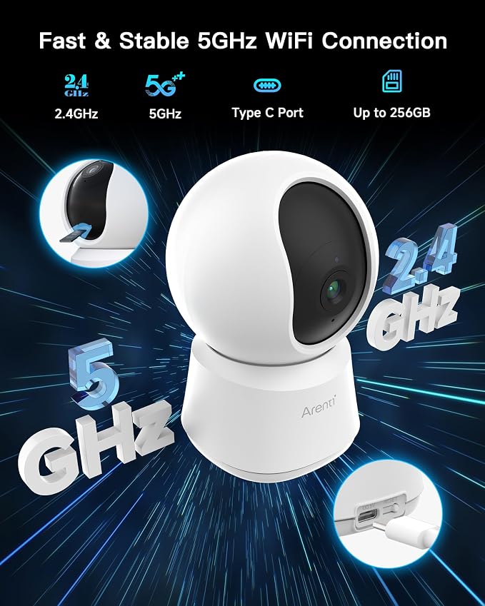 ARENTI 360° View 4MP 5G WiFi 6 Pet Camera P2F 2PC with 64G Local Storage | Pan/Tilt, Auto Tracking, AI Human/Motion/Sound Detection, Night Vision, 2-Way Audio, Custom Zones, Timer Cruise, Sleep Mode
