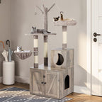 Timberer Litter Box Enclosure with Cat Tree, 2-in-1 Cat Tree Tower, Hidden Cat Litter Box Furniture with Scratching Post, Modern Cat Condo, Grey