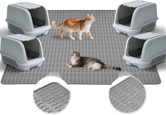 Cat Litter Mat, 47x35in Extra Large Litter Trapping Mat, Grey | XXL Cat Mat Fits 2-4 Litter Boxes, Silicone Litter Trapping Mat, Waterproof Raised Edges, Non-Slip Bottom, Easy Clean