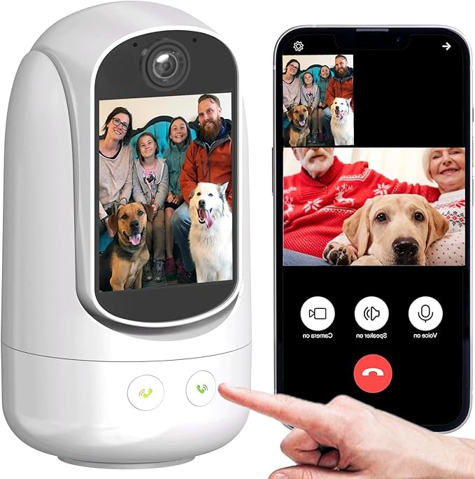 2-Way Video/Audio Security Camera Screen WiFi AI Detection Puppy/Pet/Cat/Elderly/Dog Monitor Wireless Facetime Cam Voice Phone APP Controlled Sound Video Calling Devices for Grandpa, White