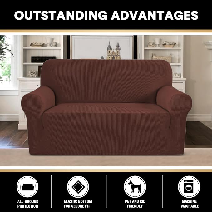 Stretch Sofa Slipcover 1 Piece Sofa Cover for 2 Cushion Couch Furniture Protector/Cover Couch with Elastic Bottom Soft and Durable Sofa Cover Pet Protector (Loveseat, Burnt Brick)