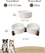 MALACASA Dog Bowl Set, Ceramic Bowls with Walnut Wood Stand, 3.5 Cups | Rhombic and polka dot design, non-slip base, for cats and dogs, about 26% heavier than similar ceramic bowls