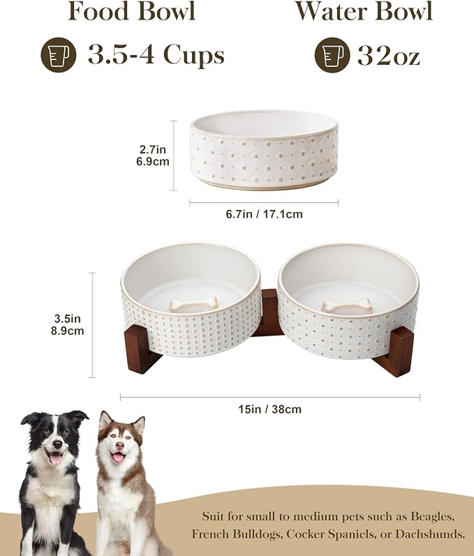 MALACASA Dog Bowl Set, Ceramic Bowls with Walnut Wood Stand, 3.5 Cups | Rhombic and polka dot design, non-slip base, for cats and dogs, about 26% heavier than similar ceramic bowls
