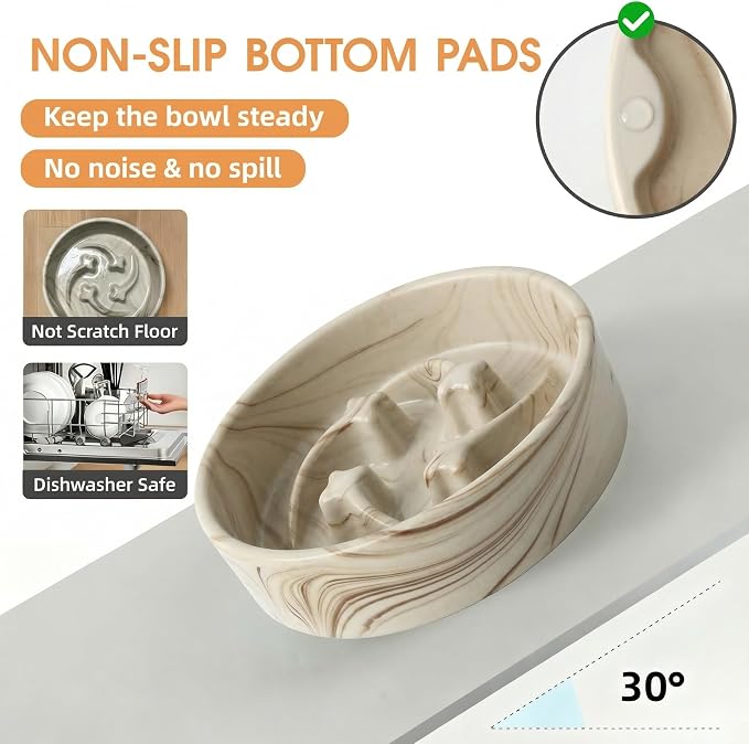Stoneware Slow Feeder Dog Bowls Small Breed, 0.6 Cups, 6.4 Inch | Raised maze design slows fast eating for small dogs, puppies and cats; Marble Pattern Design，non-slip and dishwasher safe.
