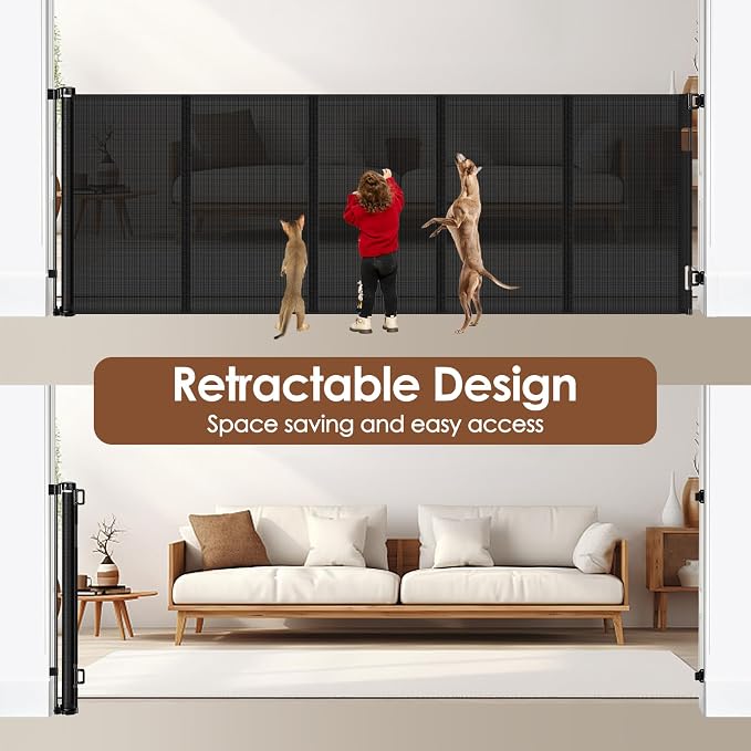 Reinforced 48" Extra Tall X 100" Extra Wide Retractable Baby Gate for Large Openings Extra Tall Dog Gates for Doorways Extra Long Baby Gate Mesh Large Dog Gate Indoor Pet Gate for Cats, Black
