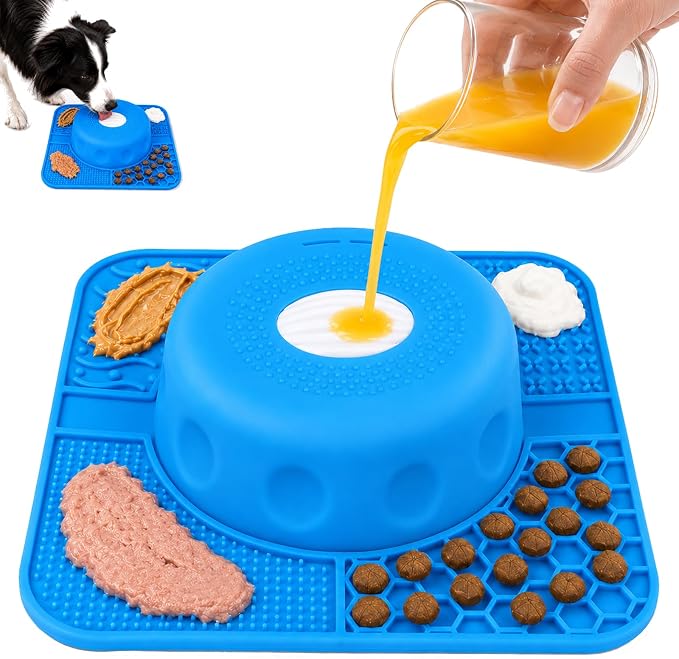 2-in-1 Slow Feeder Dog Bowl, Rolling Ball & Lick Mat, Large Blue | 16.9 oz silicone bowl mat with non-slip suction cups for liquid and thick treats, for large, medium, small dogs and cats