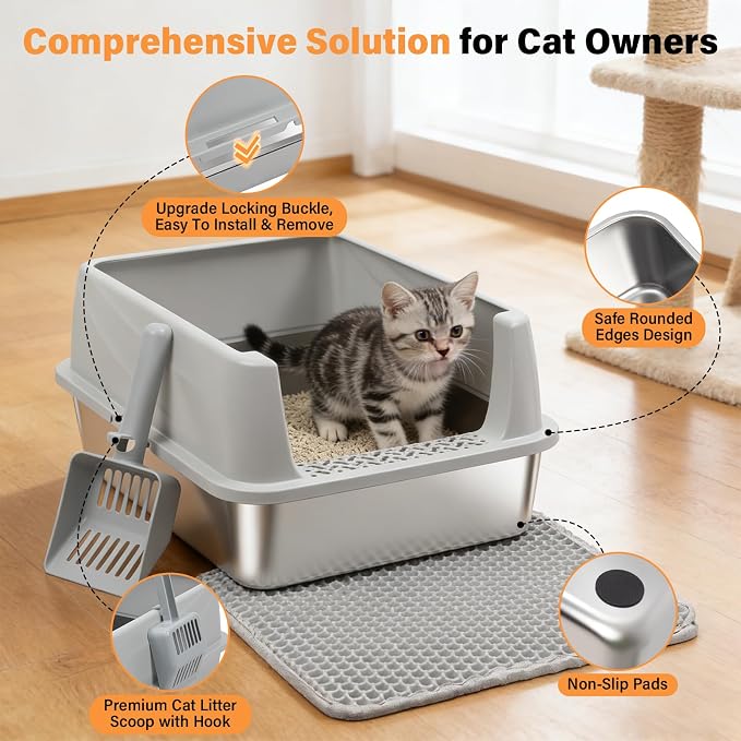 Stainless Steel Cat Litter Box for Kittens, Low Entry Kitten Litter Box | Small Metal Litter Box, Includes Scoop and Mat, High Sided, Non-Sticky, Anti-Urine Leakage, Easy Cleaning