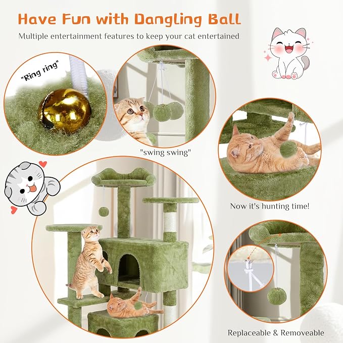 Sweetcrispy 54-inch Indoor Cat Tree Tower with Scratching Posts, Green | Multi-Level Indoor Cat Tree Condo with Climbing Ladder, Plush Toy, Play House for Kitten