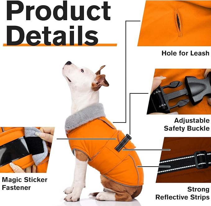 Lelepet Dog Coat Waterproof Dog Jacket Fleece Vest with Adjustable Buckle | Reflective Winter Coat with Leash Hole Windproof Cold Weather Coats for Small Medium Large Dogs, Warm Hunting Vest, Orange, S