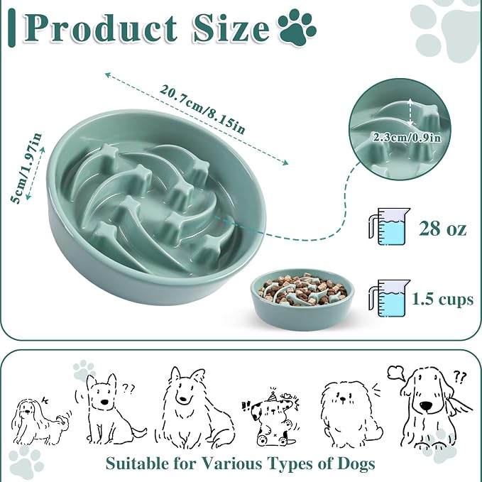 Ceramic Slow Feeder Dog Bowls,1.5 Cups Dog Food Dish for Medium Large Breed | Food Bowl for Fast Eater, 28OZ, 8.15 inch (Light Green)
