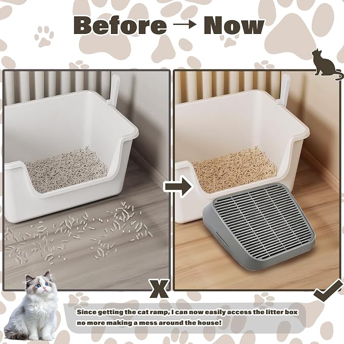 Cat Ramp for Litter Box, Anti-Tracking Litter Trapper, Dark Gray | Litter Box Step for Kittens & Senior Cats, 0.2-in Filter Holes, Non-Slip Base, Easy-Rinse ABS, Fits Most Litter Boxes