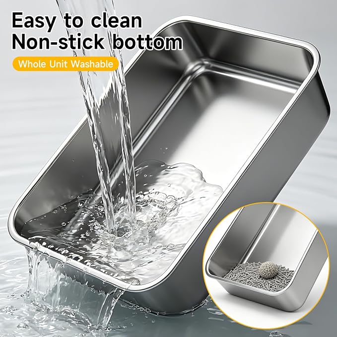 Stainless Steel Cat Litter Box for Kitten, Kitty & Senior Cats Pan | Metal Litter Box , Open Top Low Entry Litter Pan, Non-Stick Easy Clean Anti-Scratch Kitty Cat Box for Indoor Cats, Single Pan