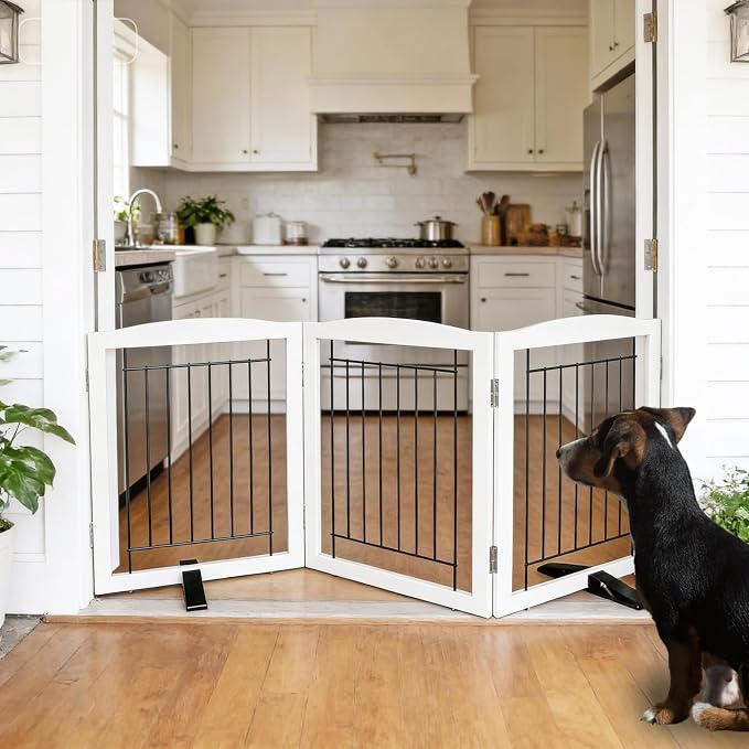 Dog Fence Indoor,Dog Gate Indoor for Doorway pet gate -3-Panel Freestanding, Hallways, House or Stairs -60x24-Inch Retractable Foldable Expandable Wood Pet by SFJC (White) ﻿ ﻿
