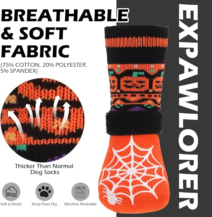 EXPAWLORER Halloween Anti Slip Dog Socks to Prevent Licking Paws, Boots & Paw Protectors with Spider Web Grippers,Doggie Booties for Hardwood Floors for Small Medium Large Senior Dogs Orange Pumpkin L