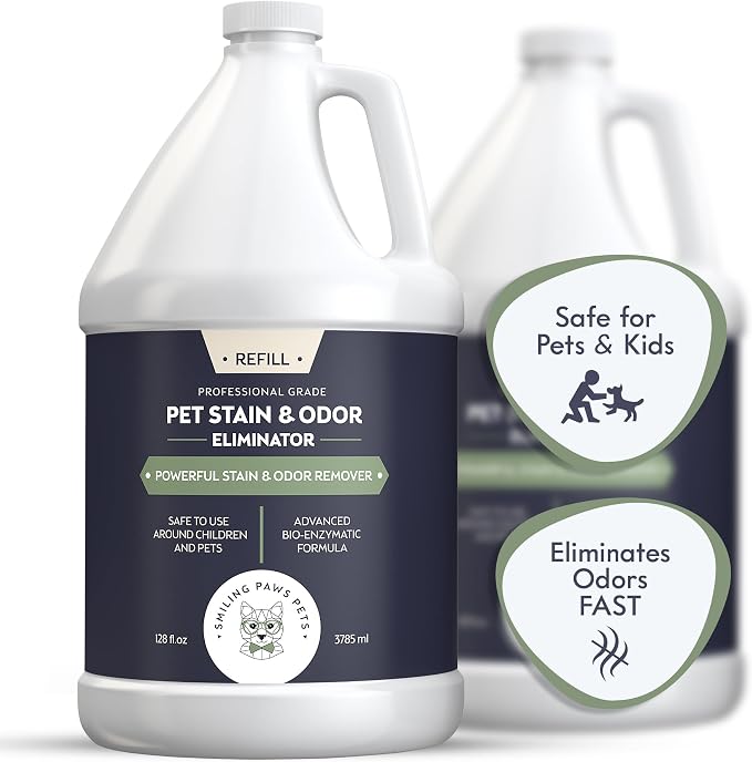 Smiling Paws Dogs & Cats Urine Enzyme Stain & Odor Remover, 1 Gallon | Professional Dog Urine Cleaner Solution, Pet Odor & Scent Eliminator, Remove Dog & Cat Urine, Feces & Vomit Stains