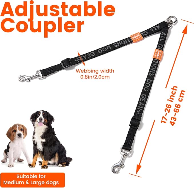 HOWGO Double Dog Leash,Tangle-Free 360 Swivel(Brown, Std M-L Splitter) | Individually Adjustable Length, Coupler Leads 2 Dogs,Zinc Alloy Hooks,Durable Nylon,No-Tangle Walking,All Breeds