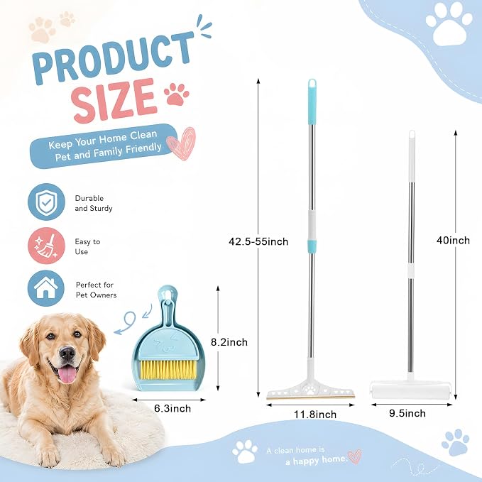 3 Pcs Pet Hair Removal Tool Adjustable Carpet rake & Lint Roller & Dustpan | 55'' Adjustable Long Handle Carpet Rake Large Lint Roller & Dustpan Pet Hair Remover for Rugs, Mats, Couch, Furniture