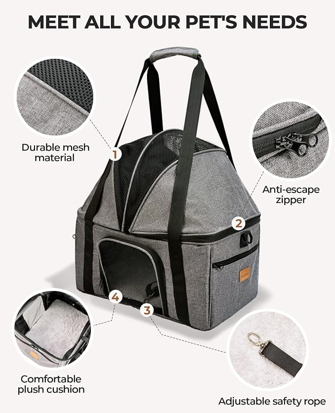 BurgeonNest Top-Expandable Cat Carrier with Semi-Open Canopy, Up to 15 lbs | Soft Sided Cat Bag Carrier for Medium Large Pet, Upgraded Small Dog Car Seat, Puppy Travel Bag for Trip Features Safety Leash