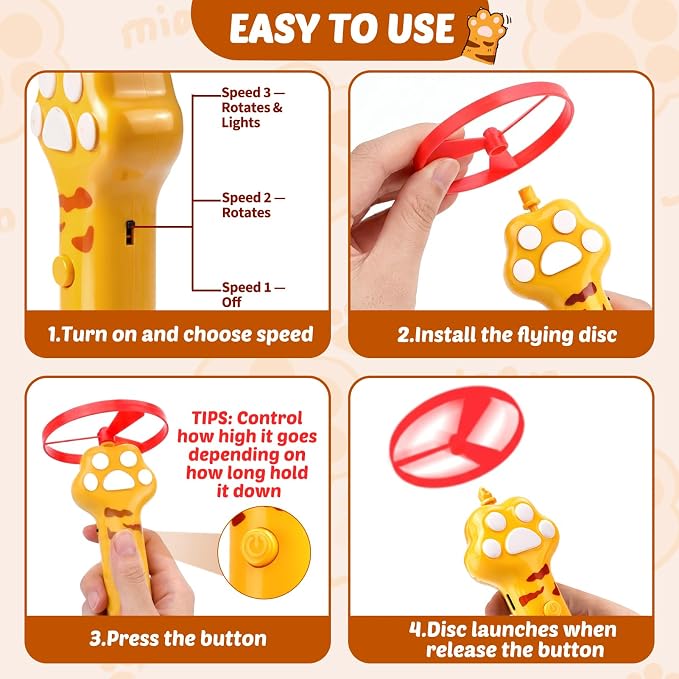BABORUI Cat Toy Disc Launcher, Rechargeable Interactive Cat Fetch Toy Launcher with 16 Flying Discs, Flying Enrichment Toys for Indoor Bored Kittens & Adult Cats (Yellow+White)