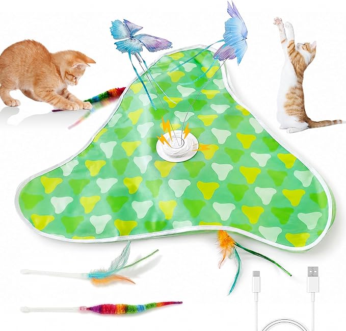 Interactive Cat Toy Mat for Indoor Cats, Rechargeable Hide & Seek Cat Toy with Moving Hidden Feathers& Fluttering Butterfly, Touch Activated Automatic for Bored Cats, Kittens & Adult Cats