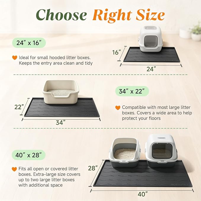Songrey Silicone Cat Litter Mat 24" x 16", Large Litter Trapping Mat, Black | Waterproof, Urine-Proof Litter Box Mat for Floor, Soft on Kitty Paws, Easy To Clean, Cat Supplies, Pet Feeding Mat