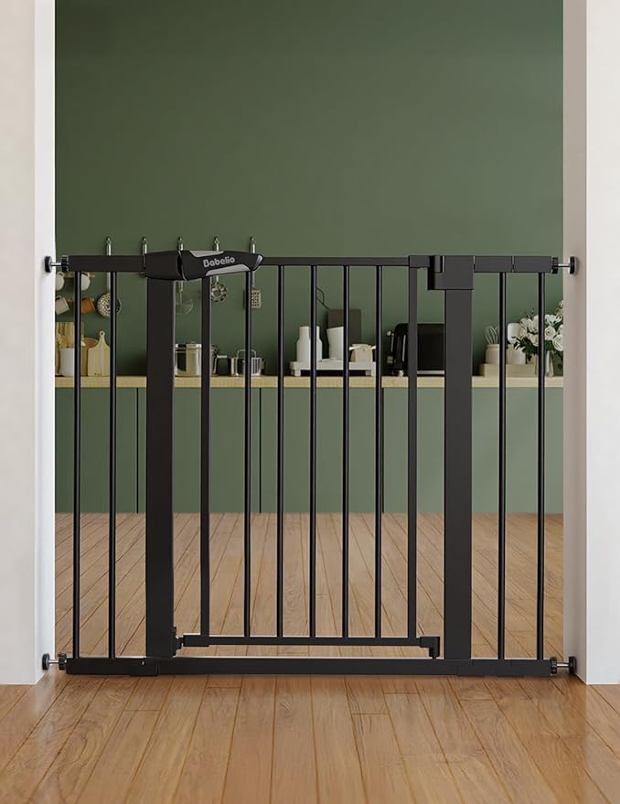 Babelio Pressure Mounted Baby Gate for Stairs, 26-40" Wide Dog Gate Indoor | Triple-lock system; Pressure/wall mount Auto-close; 200N impact tested; Easy Install for Doorways, Kitchen, Hallway, Black