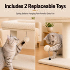 Small Cat Tree with Large Top Perch for Indoor Cats, Beige | Carpeted Scratching Post | Soft Plush Bed | Furniture Protecter | Small Cat Tower | Replacement Toy Balls | Space-Saving