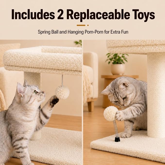 Small Cat Tree with Large Top Perch for Indoor Cats, Beige | Carpeted Scratching Post | Soft Plush Bed | Furniture Protecter | Small Cat Tower | Replacement Toy Balls | Space-Saving
