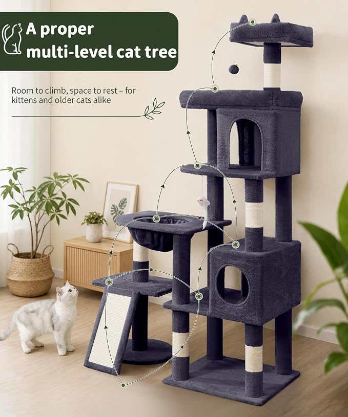 68 Inches Heavy Duty Cat Tree for Indoor Cat, Big Cat Tower | Cat Houses & Tree Tower with 2 Condos, Sisal Scratching Posts & Large Platform for Indoor Cats Large Adult, Dark Grey