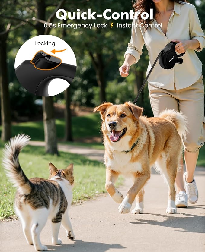 Pecute Retractable Dog Leash 26ft with Chew Proof Extender for 33-110 lbs | Heavy Duty Dog Leash Retractable for Large Biter with Poop Bag Holder, Anti-Slip Grip, Reflective, 360° Tangle-free