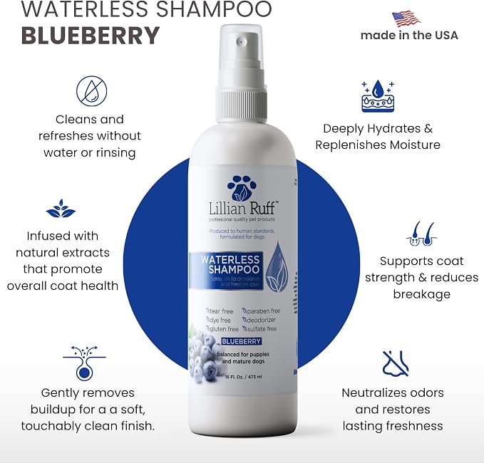 Lillian Ruff Waterless No-Rinse Dog Dry Shampoo Spray with Hydrating Essential Oils - pH-Balanced Dry Shampoo for Dogs - Clean, Condition, Detangle & Deodorize Dry, Sensitive Skin (Blueberry)