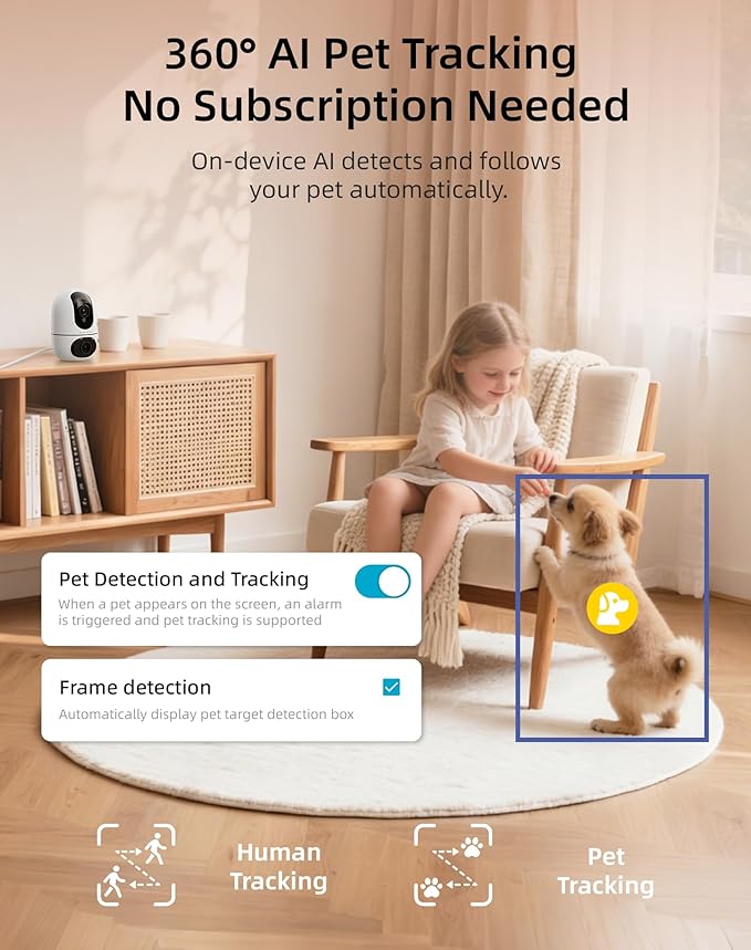 VIRTAVO AI Pet Camera Indoor with Phone App for Dog, Cat & Puppy, 2Pack | 360° Dual-Lens with Auto Tracking & Pet Calling, No Subscription, Wi-Fi 6 (5GHz/2.4GHz), Apple watch & Alexa Compatible