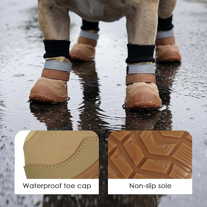 PAWsay Adjustable Dog Hiking Boots Waterproof Dog Shoes for Rainy Snowy Day | Anti-Slip Paw Protectors with Reflective Hook and Loop Straps for Safety Soft Doggy Booties to Prevent Injury Dirt