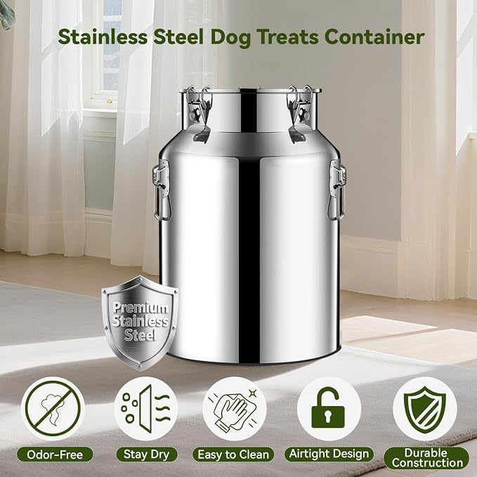 Newget 16lb Stainless Steel Dog Food Storage Container with Scoop | Airtight Seal, Hangable Lid for Easy Access, Scoop Included, for Cat Food, Bird Seed, Rice, Grain, Pantry Storage