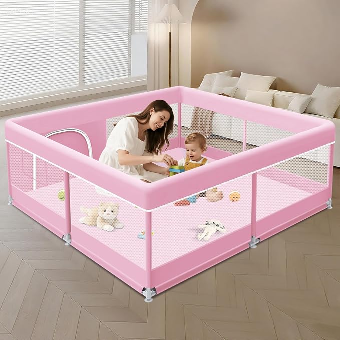XVISHX Baby Playpen 50 x 50 Inch Play Pen Playards, Playpen for Babies and Toddlers, Baby Playard for Indoor & Outdoor Active Center Game Fence, with Skin-Friendly Fabric and Soft Breathable Mesh Pink