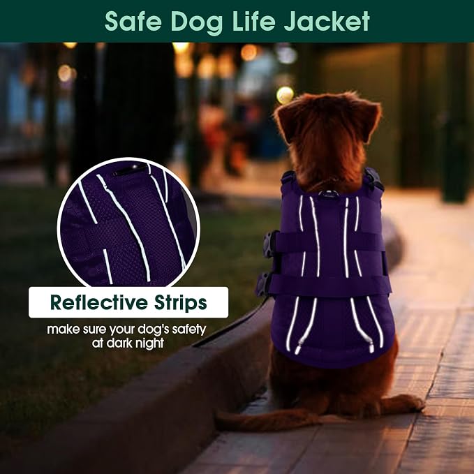 Kuoser Dog Life Jacket, High Flotation Reflective Dog Life Vest, Purple, S | Adjustable Dog Lifejackets for Small Medium Large Dogs, Lifevest with Rescue Handle for Swimming, Boating, Lake, Beach & Pool